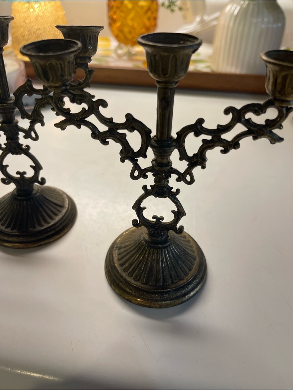 Antique-Style Bronze Finish Metal Candelabra - Pair
